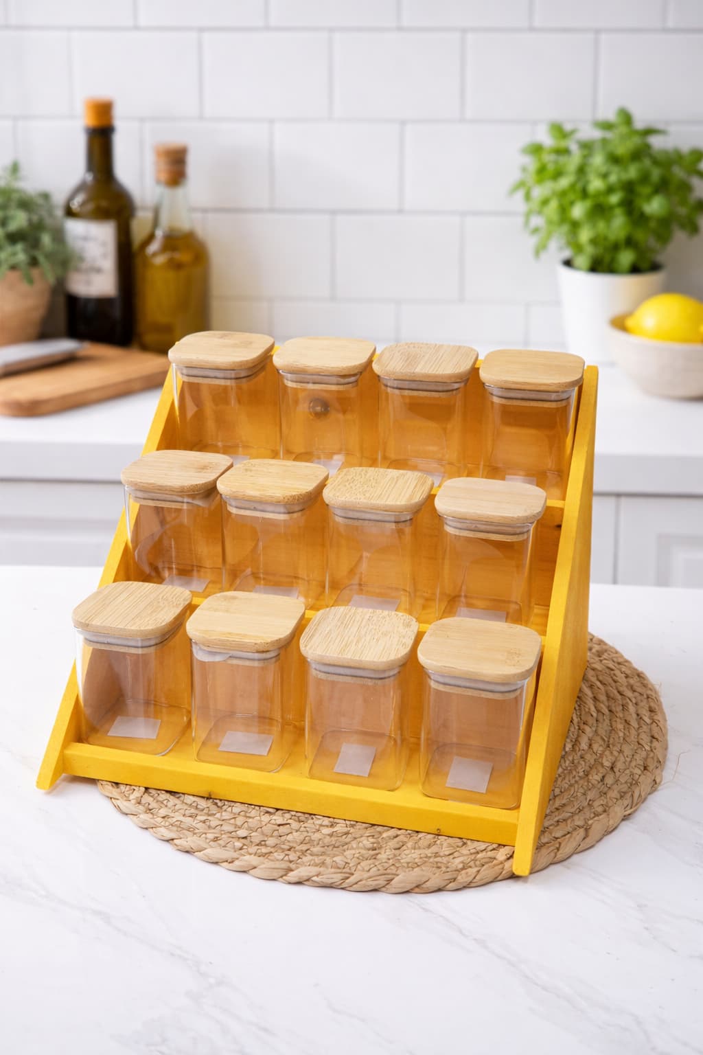 12 Piece Glass Spice Jar Set with Wooden Stand (200ml) | Tawwy