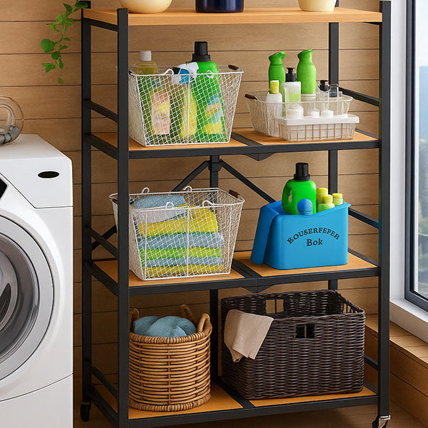 4-Tier Metal Frame Rolling Storage Shelf with Wood Shelves
