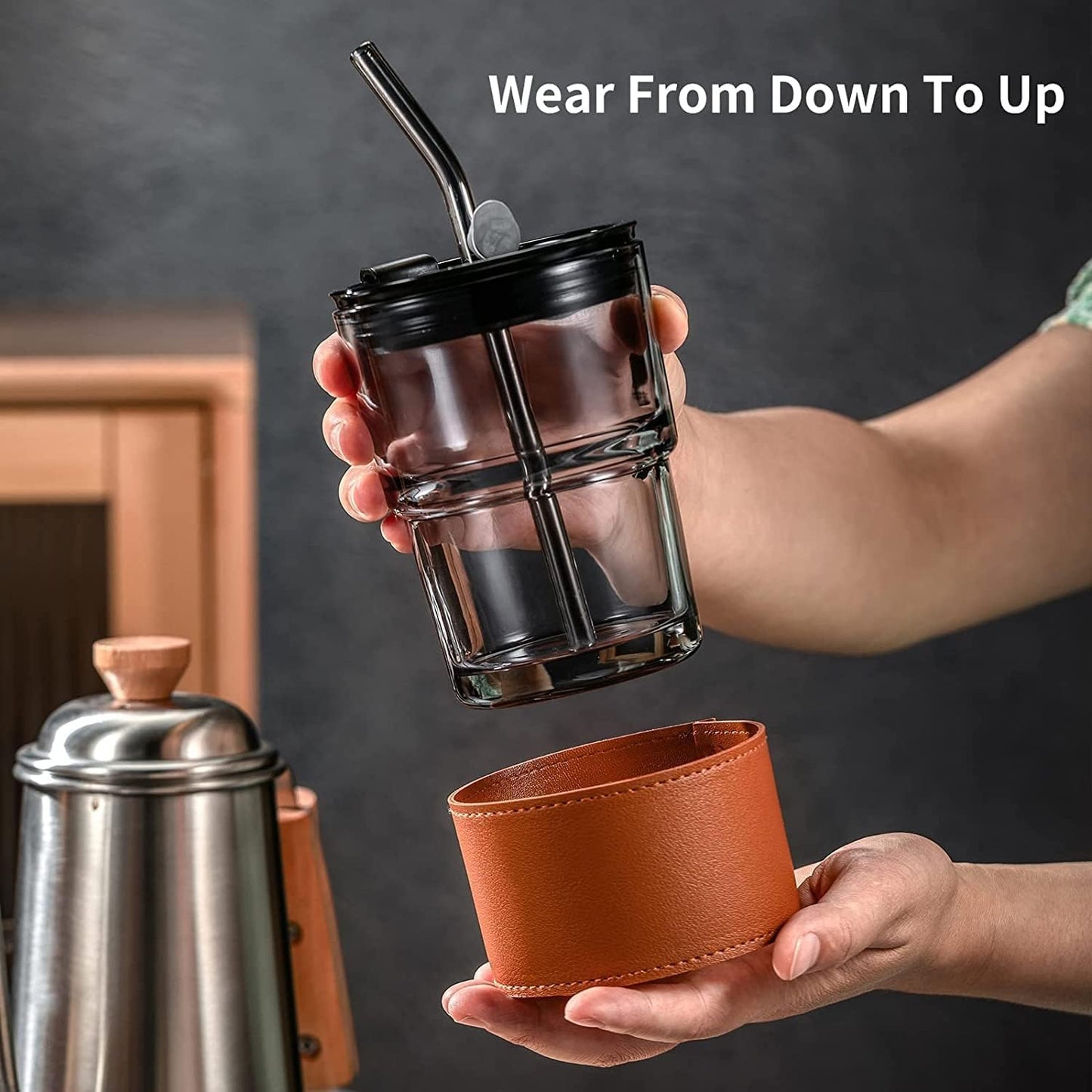 Pyrex Glass Tumbler with Leather Sleeve & Straw – 450ML - Amber | Tawwy