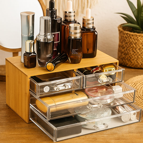 Bamboo Storage Organizer with 4 Transparent Drawers