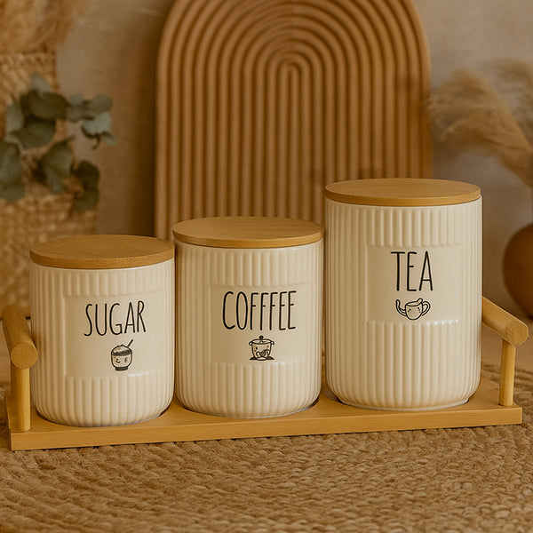 Ceramic Canister Set with Bamboo Lids and Tray