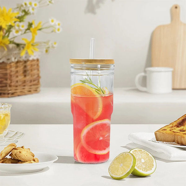 Glass Tumbler with Bamboo Lid and Straw 400ml