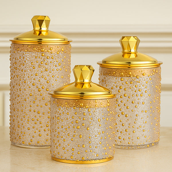 Gold Bubble Glass Storage Jars with Gold Lids – Set of 3