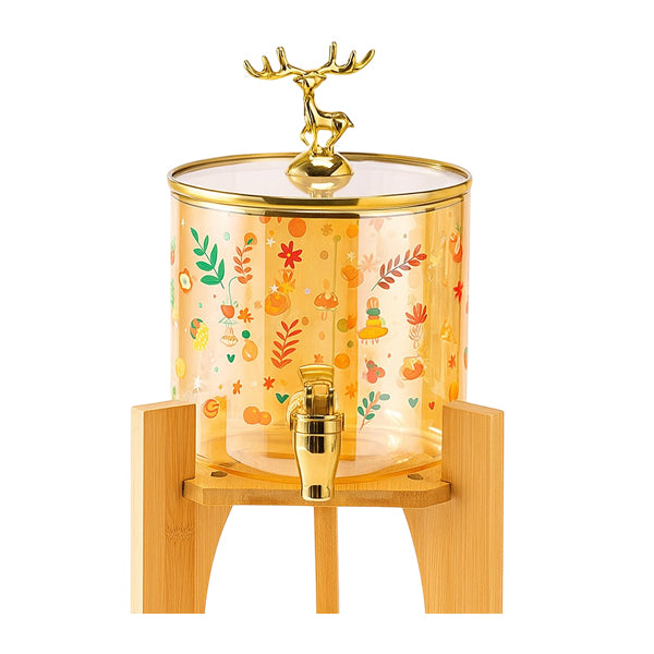 Golden Deer Lid Glass Dispenser with Wooden Stand 3.6L