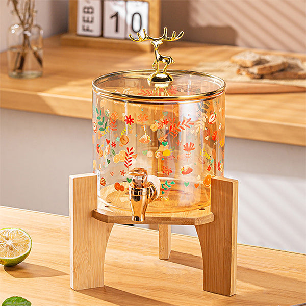 Golden Deer Lid Glass Dispenser with Wooden Stand 3.6L