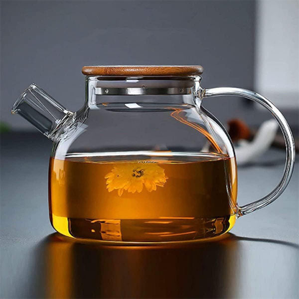 Heat-Resistant Glass Teapot with Wooden Lid
