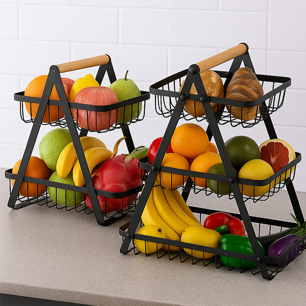 Metal Wire Fruit Basket Stand with Wooden Handle