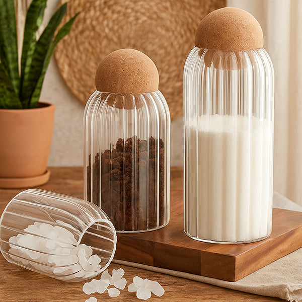 Ribbed Glass Storage Jars with Cork Ball Lid – Set of 3