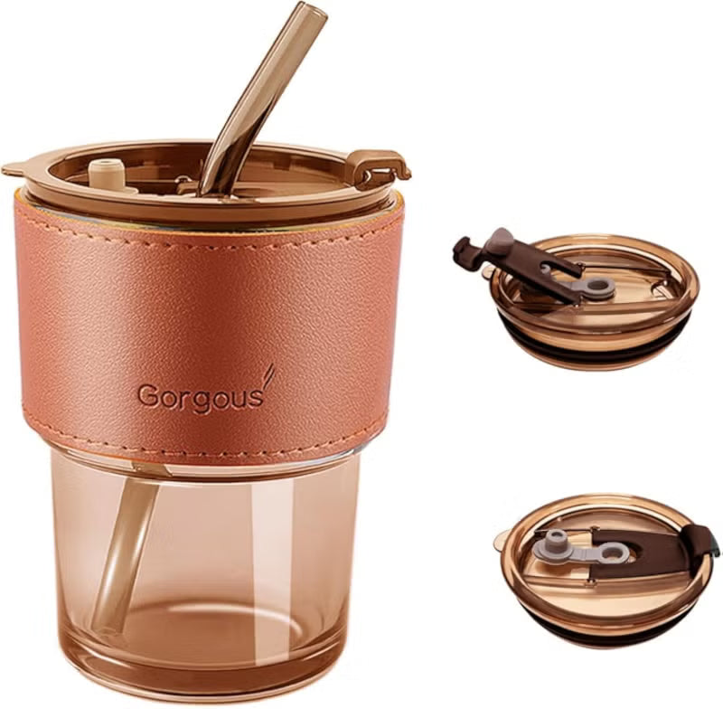Pyrex Glass Tumbler with Leather Sleeve & Straw – 450ML - Amber | Tawwy