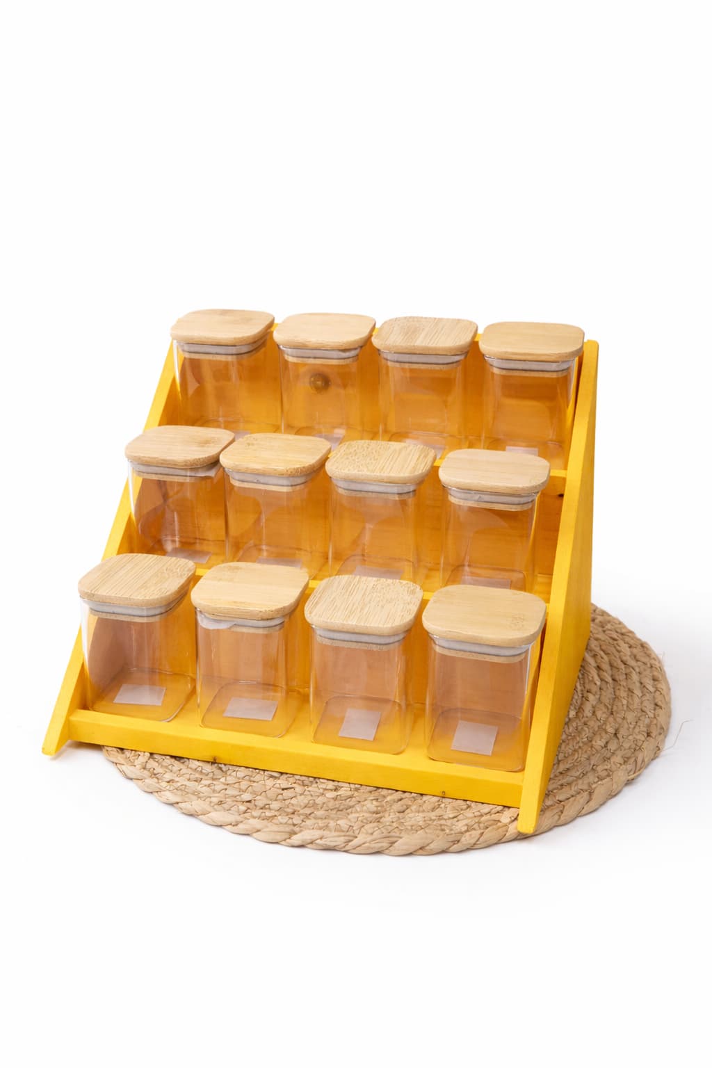 12 Piece Glass Spice Jar Set with Wooden Stand (200ml) | Tawwy
