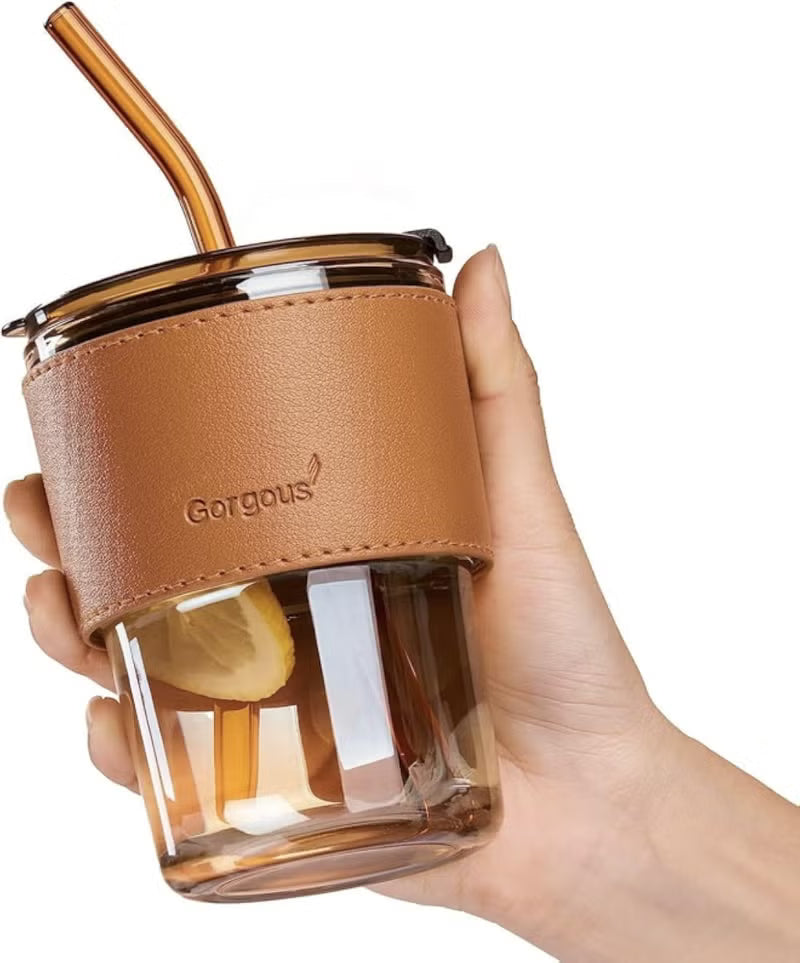 Pyrex Glass Tumbler with Leather Sleeve & Straw – 450ML - Amber | Tawwy