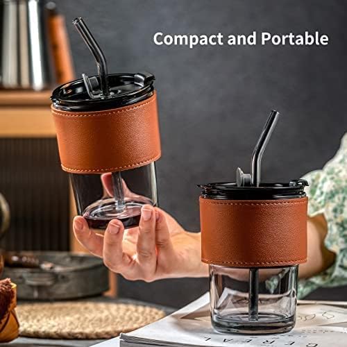 Pyrex Glass Tumbler with Leather Sleeve & Straw – 450ML