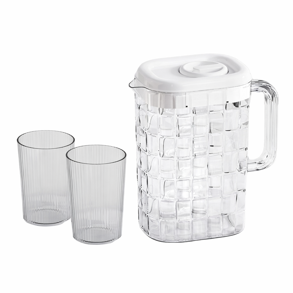 Acrylic water pitcher with lid and two cups