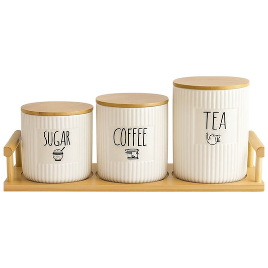 Ceramic Canister Set with Bamboo Lids and Tray