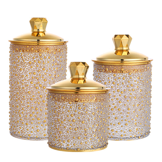 Gold Bubble Glass Storage Jars with Gold Lids – Set of 3