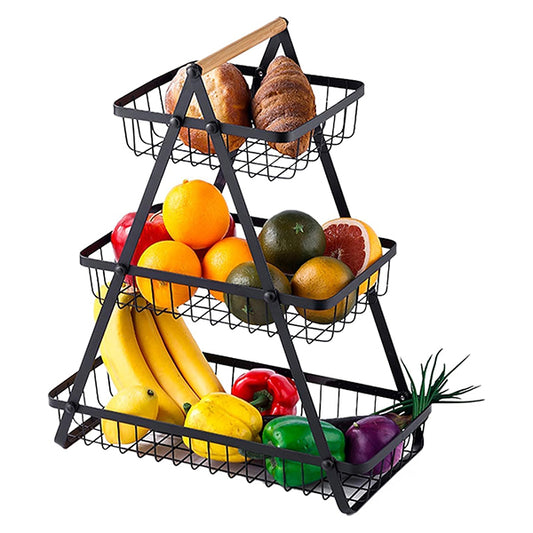 Metal Wire Fruit Basket Stand with Wooden Handle