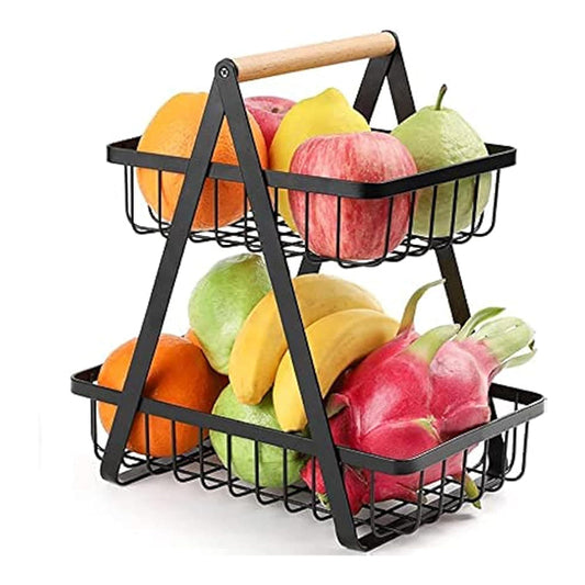 حامل سلة فواكه من الأسلاك المعدنية بمقبض خشبي