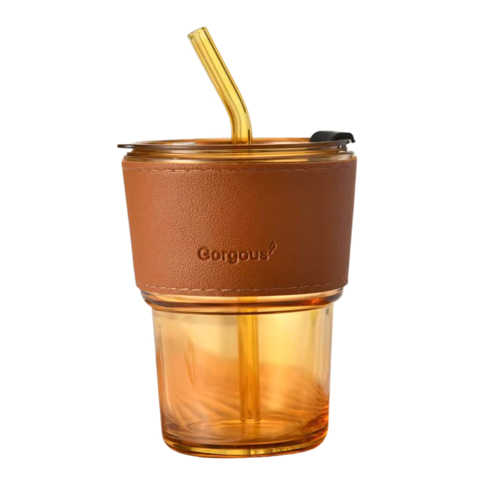 Pyrex glass tumbler with leather sleeve and glass straw