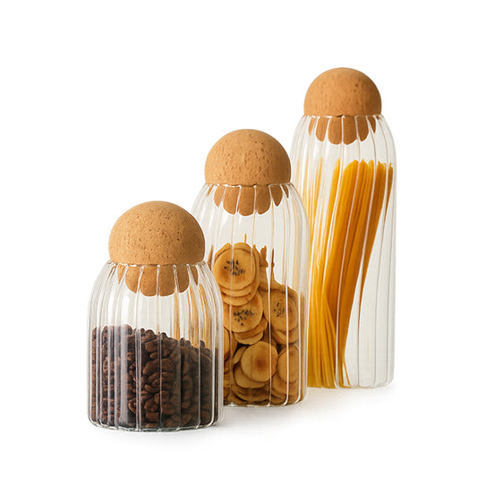 Ribbed Glass Storage Jars with Cork Ball Lid – Set of 3