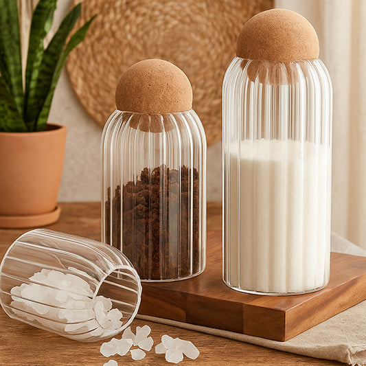 Ribbed Glass Storage Jars with Cork Ball Lid – Set of 3